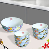 Sky Blue Bird & Blossom Porcelain Dessert Set with Gold Rims (7-Piece)